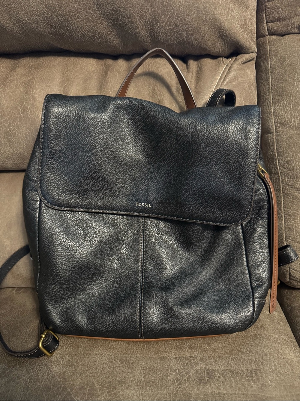 Fossil Black Leather Women's Backpack Purse with Brown Trim